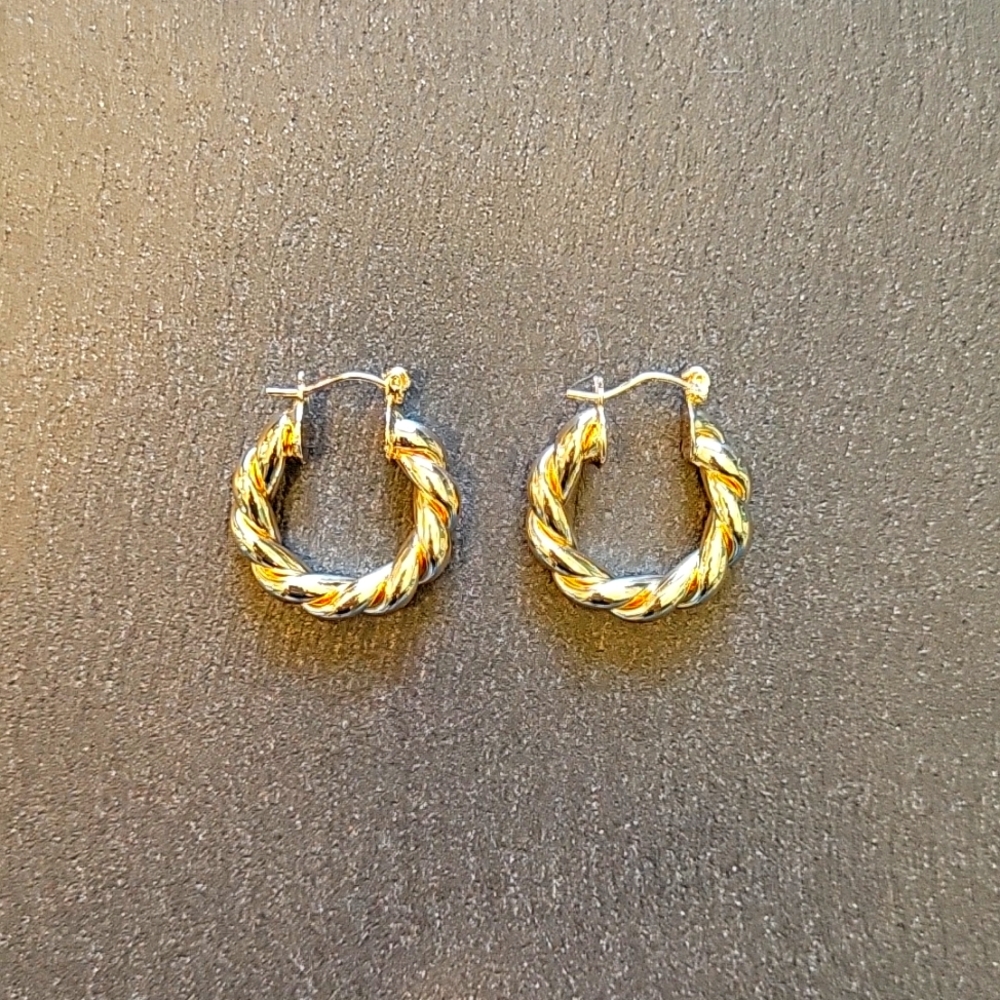 Gold twisted hoop earrings with hinged clasp